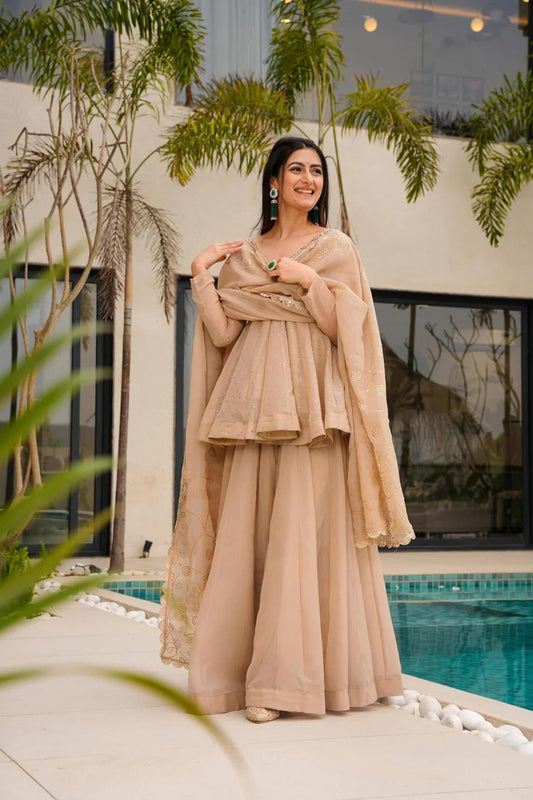 Wedding Wear Beige Tabby Organza Sharara Set For Women | Sangeet & Engagement Wear