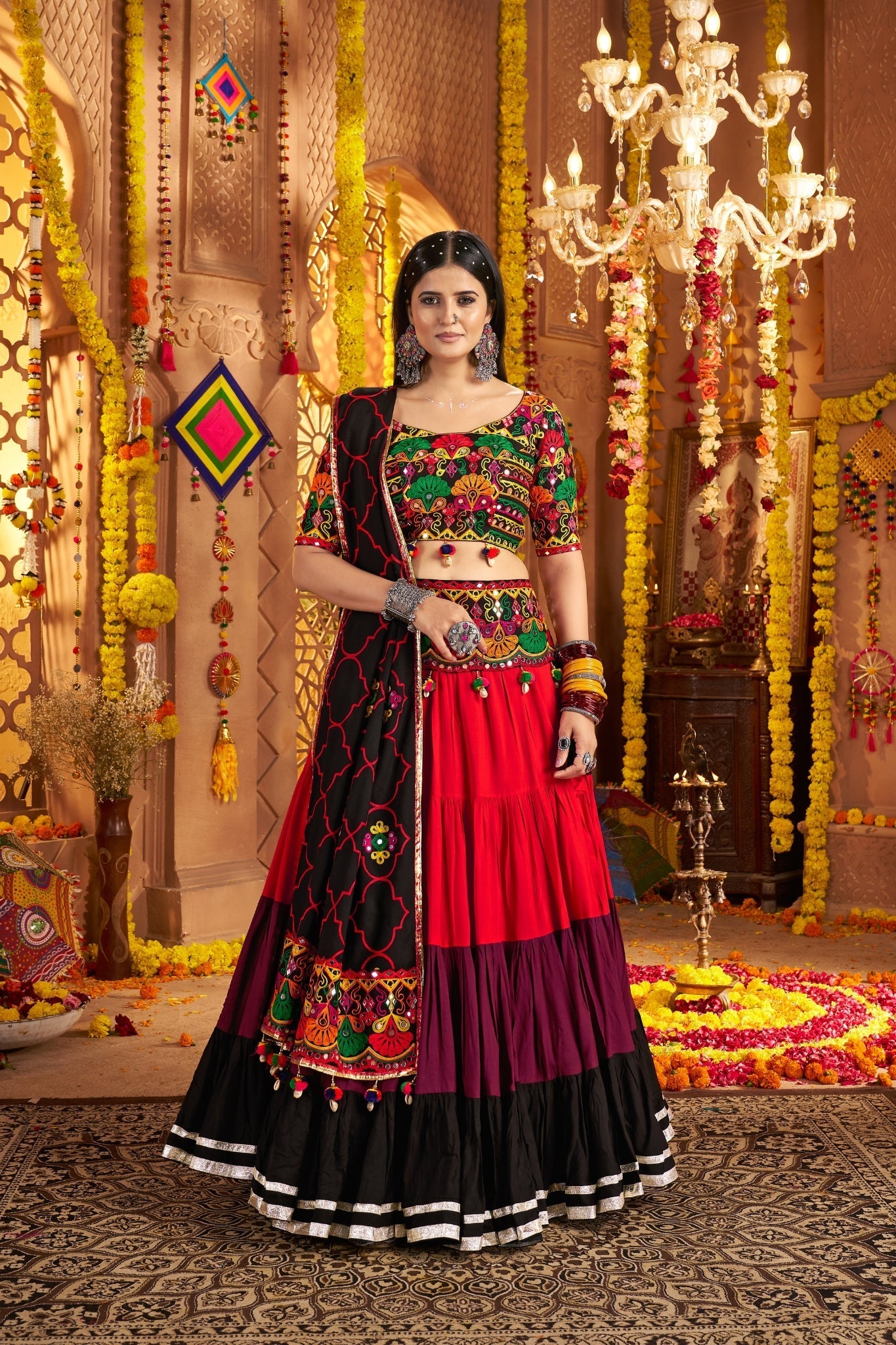 Festive Designer Viscose Cotton Multi Tread With Mirror Work Traditional Navratri Lehenga Choli - ETHNICDEAL