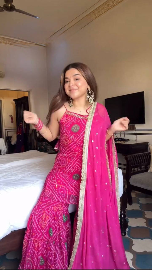 Festive Pink Faux Georgette Mirror Work Sharara Suit for Engagement | Indian Ethnic Party Wear