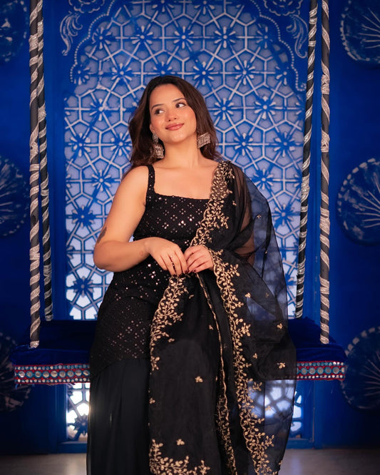 Black Georgette Kurti Sharara Set with Embroidered Dupatta | Party & Festive Wear