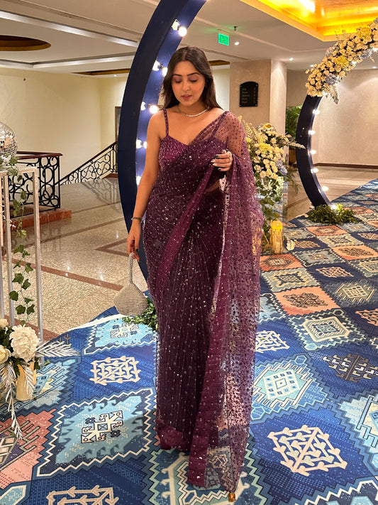 Purple Sequin Net Saree With Blouse | Net Glitter Saree | Saree For Women