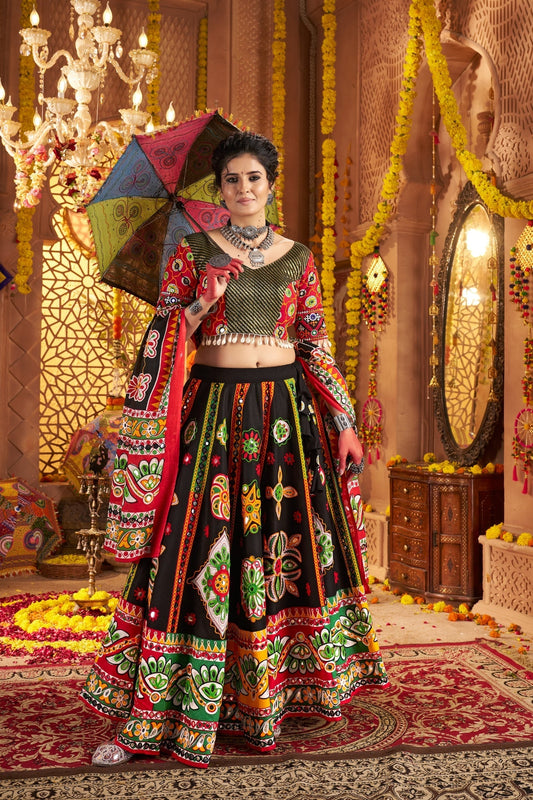 Black Designer Organic Cotton Stylish Navratri Lehenga Choli Set - ETHNICDEAL