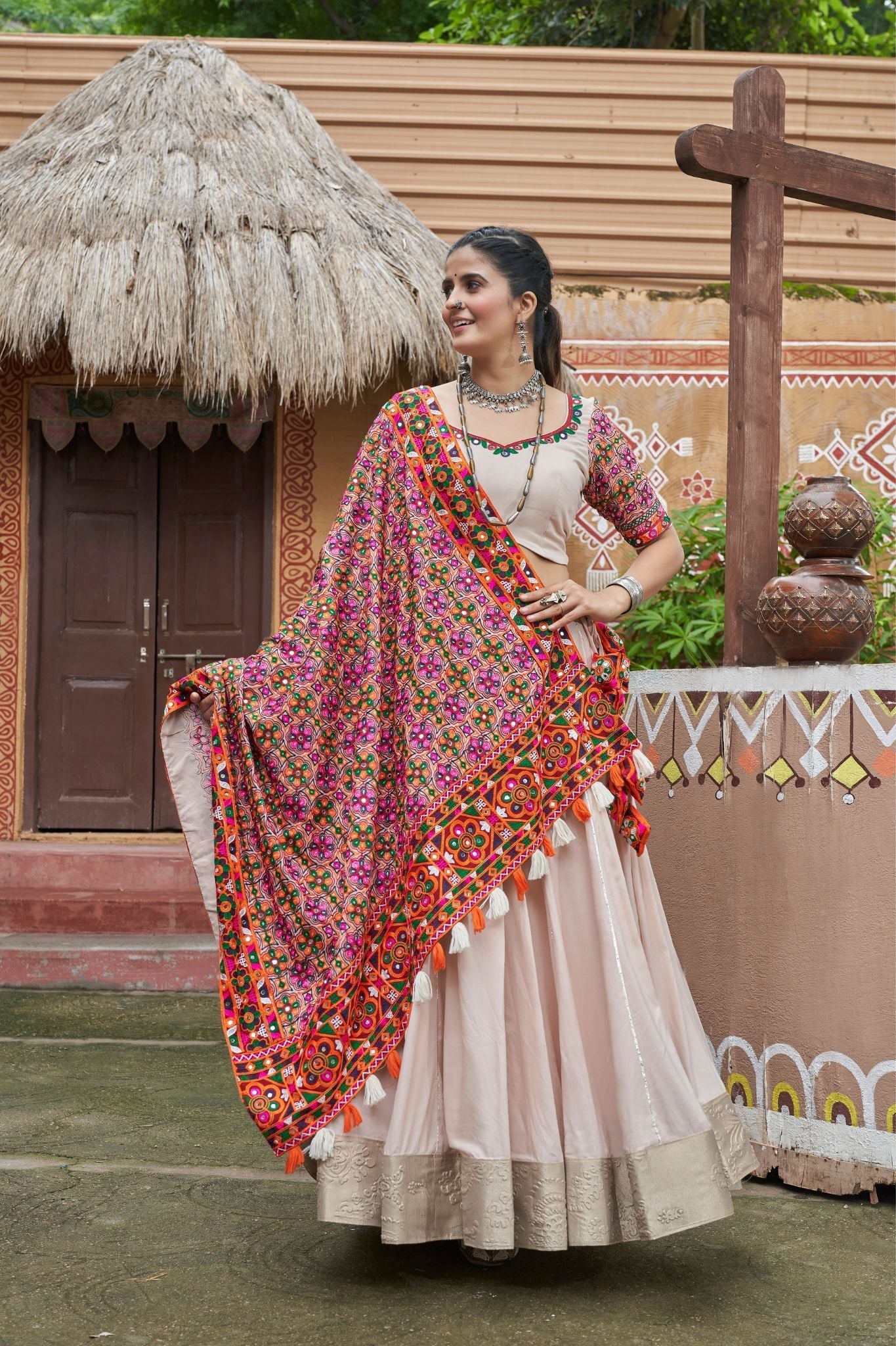 Beige Color Viscose Rayon Navratri Lehenga Choli - ETHNICDEAL