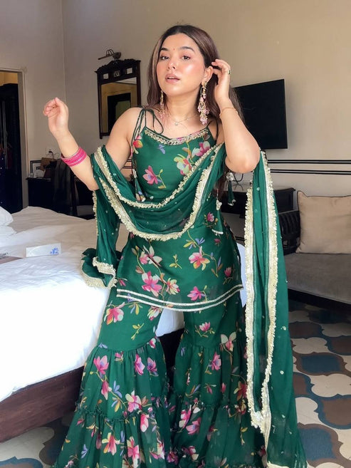 Party Wear Emerald Green Sharara Set For Women | Indian Ethnic Party Wear