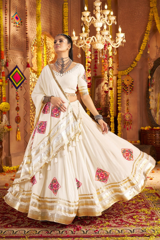White Navratri Stunning Hand Mirror Work With Tread Embroidered Traditional Readymade Lehenga Choli - ETHNICDEAL