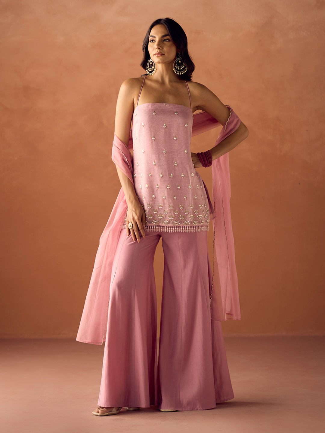 Light Pink Embroidered Organza Sharara Suit Set for Women