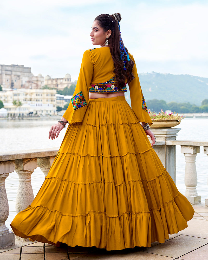 Mustard Rayon Navratri Lehenga Choli – Elegant Traditional Garba & Dandiya Outfit - ETHNICDEAL
