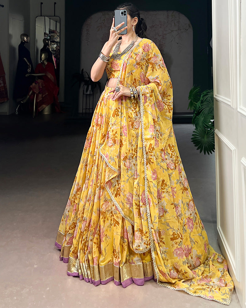 Yellow Color Chiffon Printed Designer Lehenga Choli - ETHNICDEAL