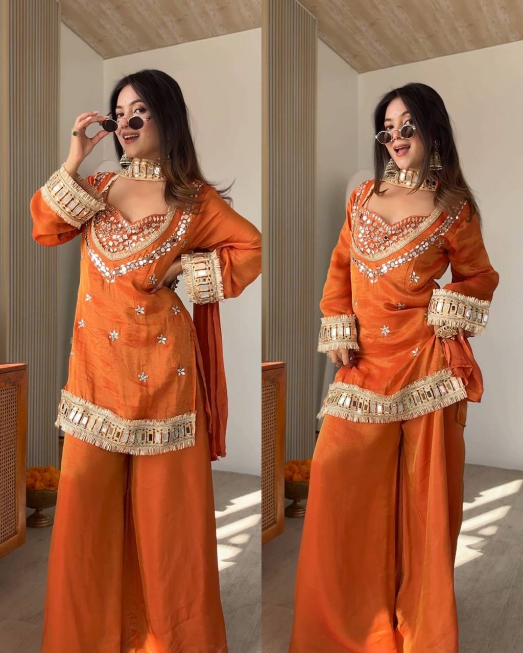Party Wear Rust Orange Mirror Work Palazzo Suit