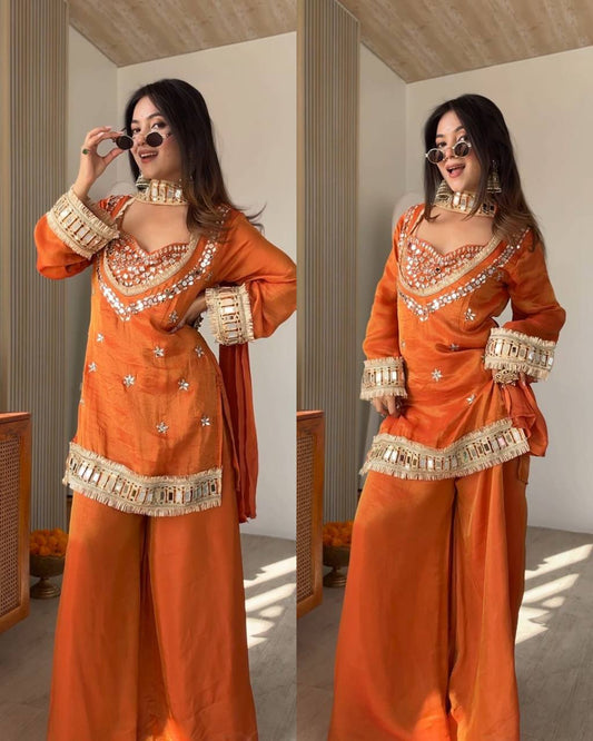 Party Wear Rust Orange Mirror Work Palazzo Suit