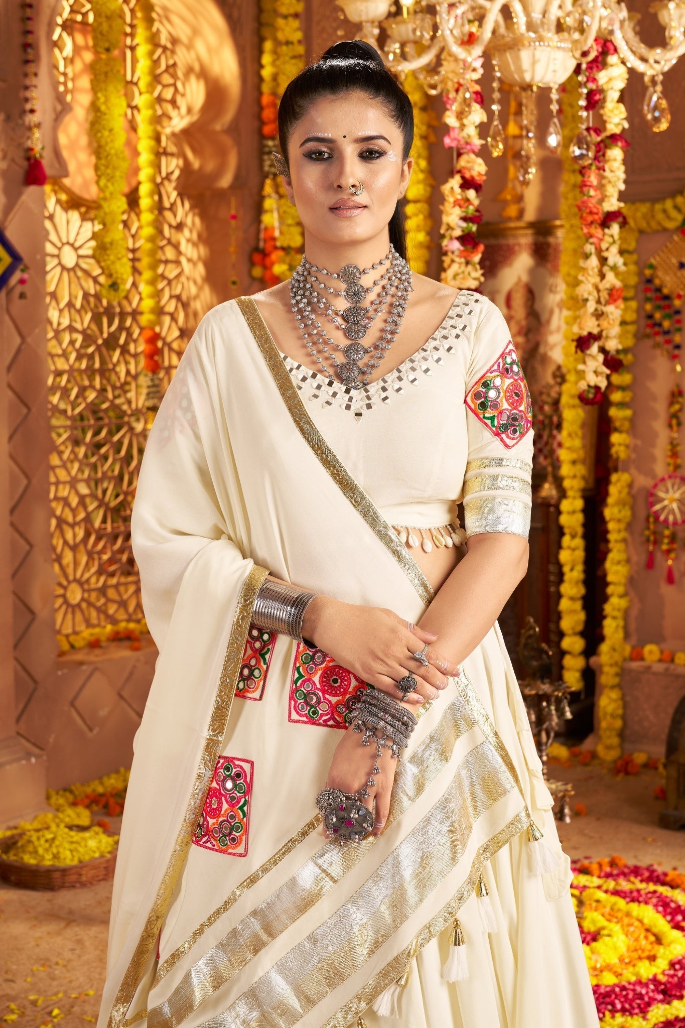 White Navratri Stunning Hand Mirror Work With Tread Embroidered Traditional Readymade Lehenga Choli - ETHNICDEAL