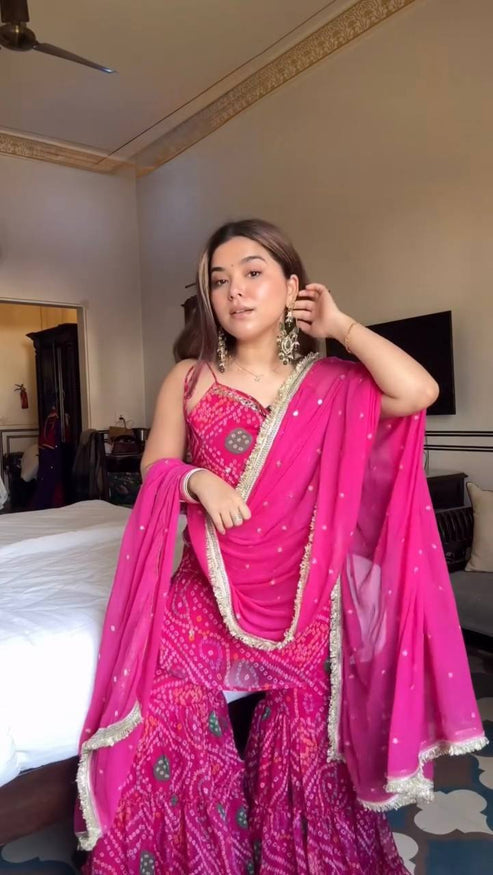 Festive Pink Faux Georgette Mirror Work Sharara Suit for Engagement | Indian Ethnic Party Wear