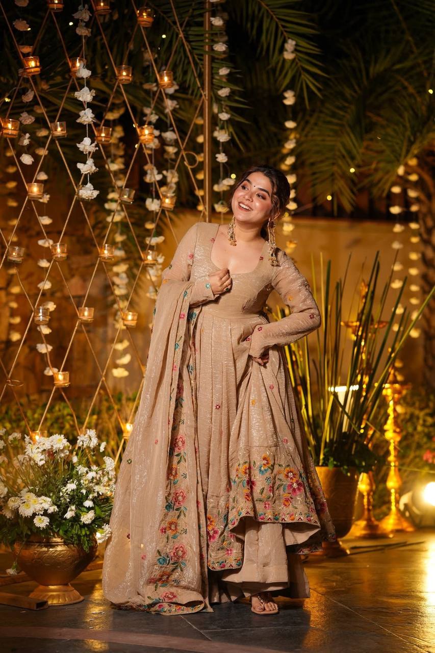 Champagne Beige Anarkali Sharara Set For Elegant Festive Wear | Sharara Set For Women