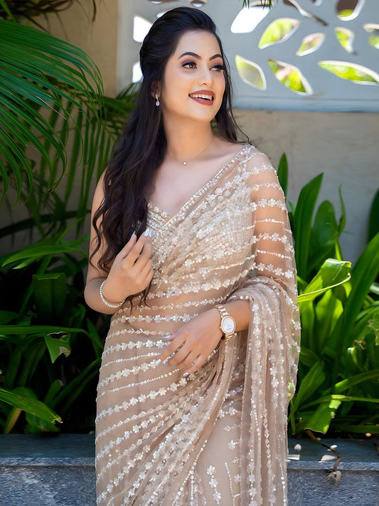 Nude Silver Sequin Embellished Net Saree | Net Glitter Saree For Women