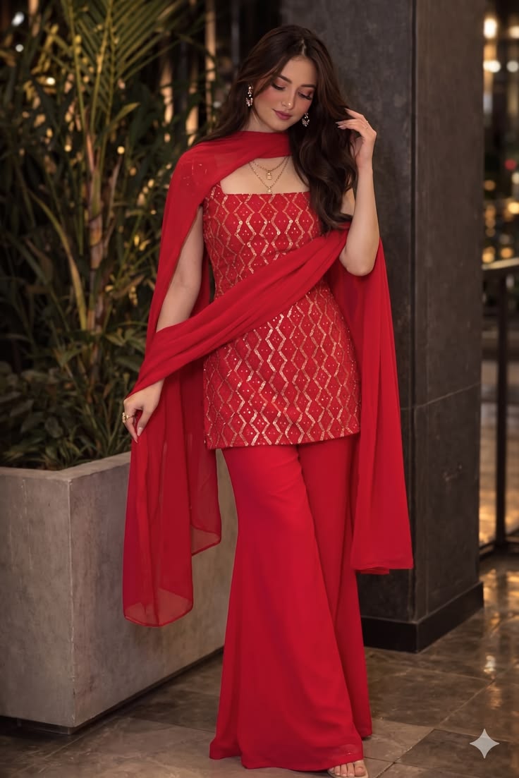 Viral Bollywood Style Red Sharara Set For Women | 90s Kurti Set