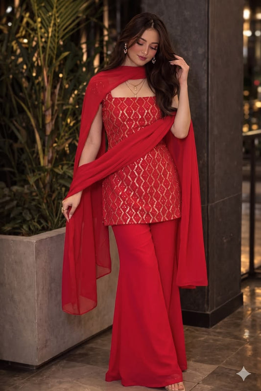 Viral Bollywood Style Red Sharara Set For Women | 90s Kurti Set