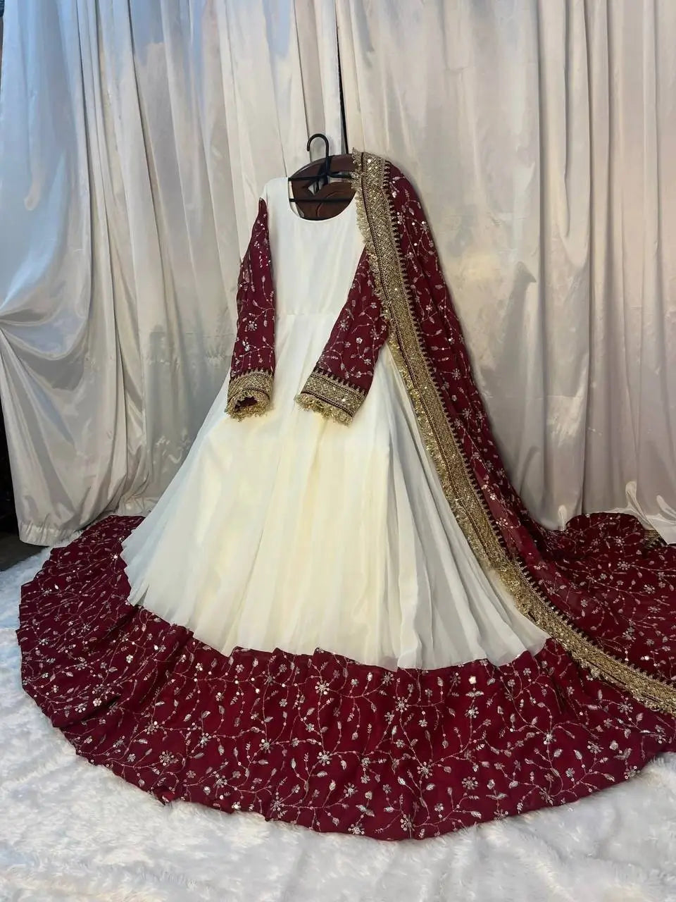 White & Maroon Embroidered Faux Georgette Maxi Anarkali Suit For Women | White Anarkali Suit For Women