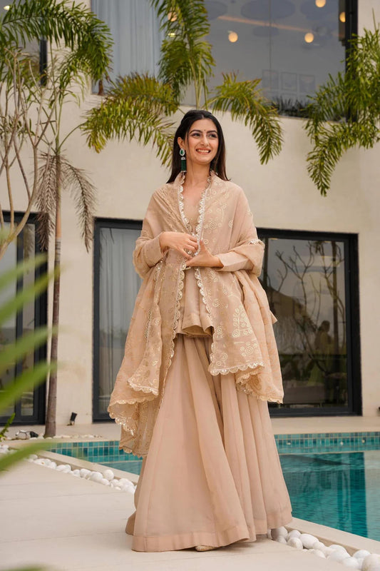 Wedding Wear Beige Tabby Organza Sharara Set For Women | Sangeet & Engagement Wear