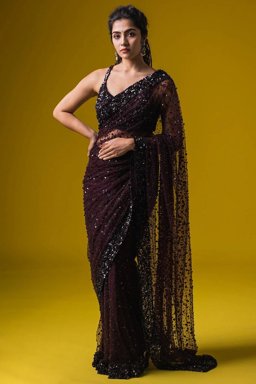Dark Brown Glamorous Net Saree | Engagement & Party Wear