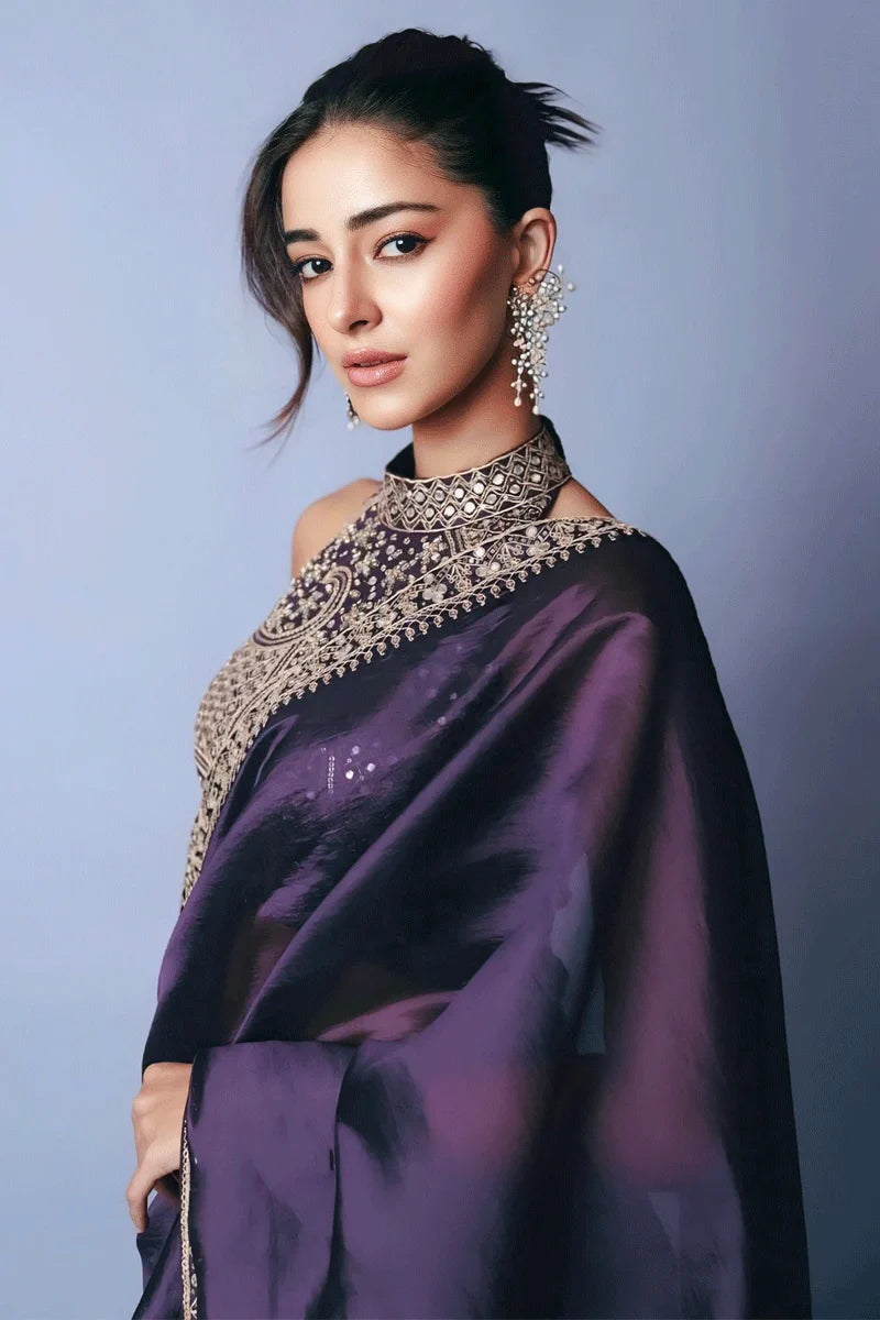 Party & Wedding Wear Designer Royal Purple Embroidered Sequin Saree with Mirror Work