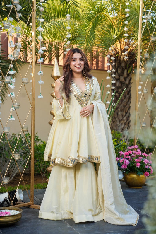 White Ivory Color Heavy Mirror Embellished Anarkali With Sharara & Dupatta | White Anarkali Suit For Women
