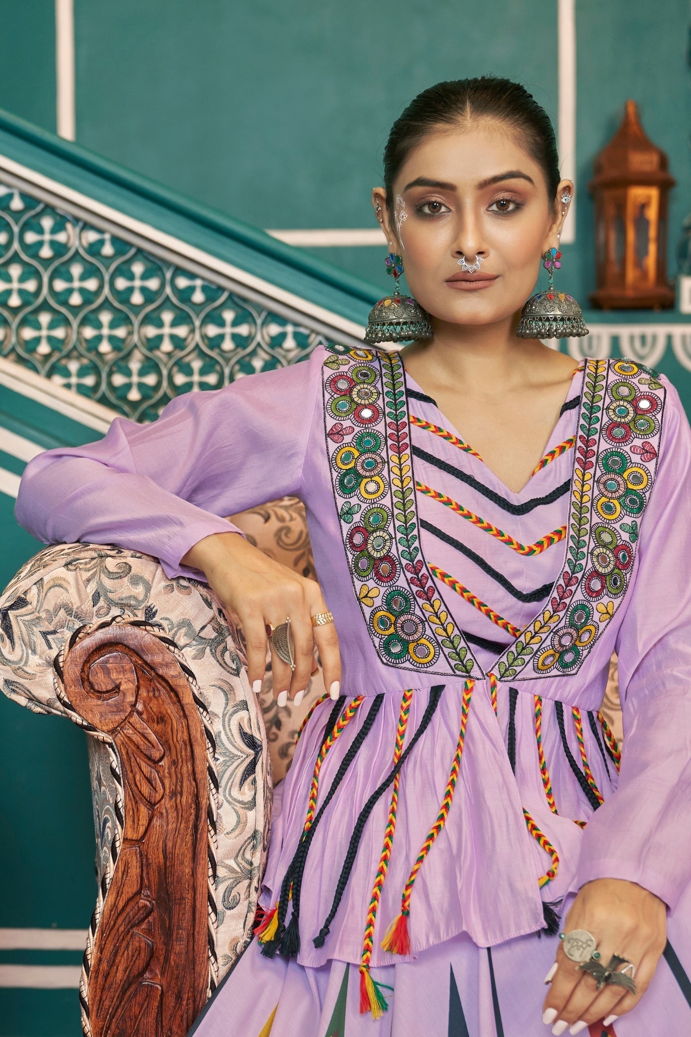 Lavender Embroidered With Mirror Work Designer Navratri Readymade Lehenga Choli - ETHNICDEAL