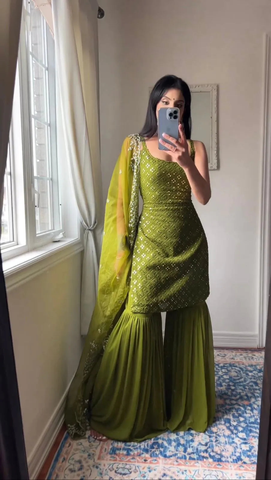 Festive Wear Olive Green Embroidered Georgette Kurti Sharara Suit | Reception & Sangeet Wear