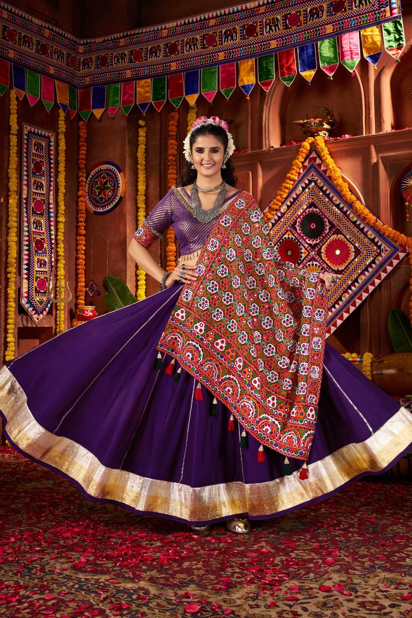Purple Silk Tread Embroidered Designer Navratri Chaniya Choli Set - ETHNICDEAL