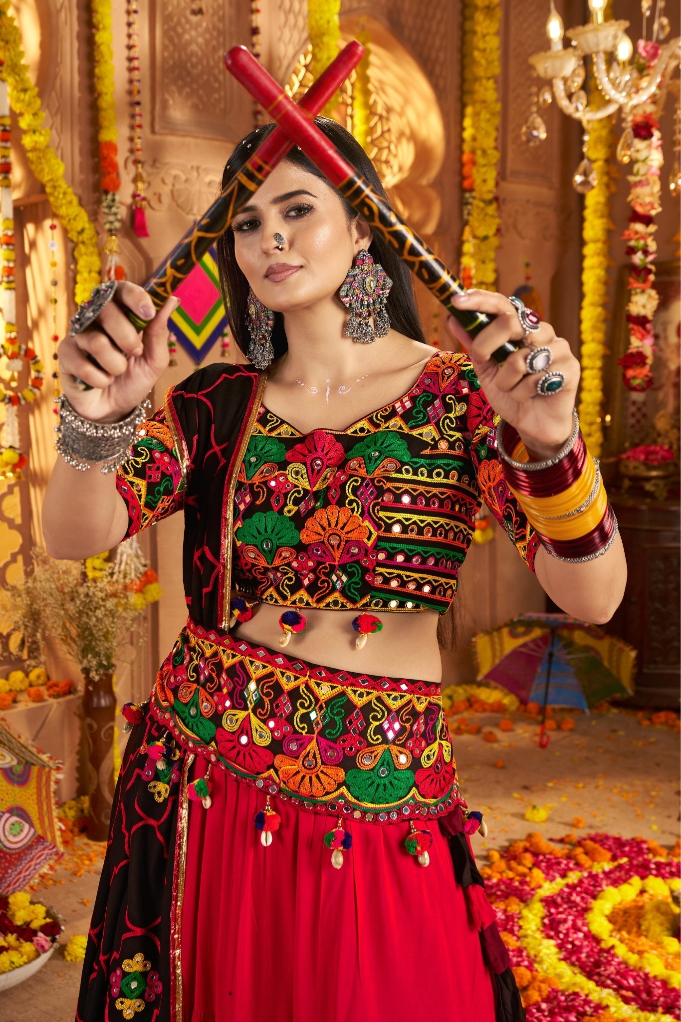 Festive Designer Viscose Cotton Multi Tread With Mirror Work Traditional Navratri Lehenga Choli - ETHNICDEAL