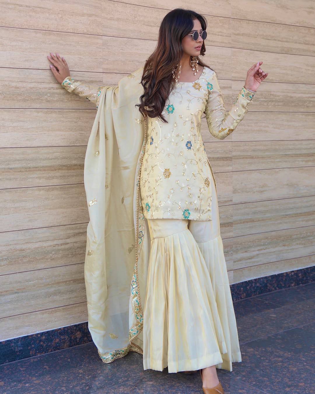 Ivory Chinnon Silk Embroidered Sharara Set For Women