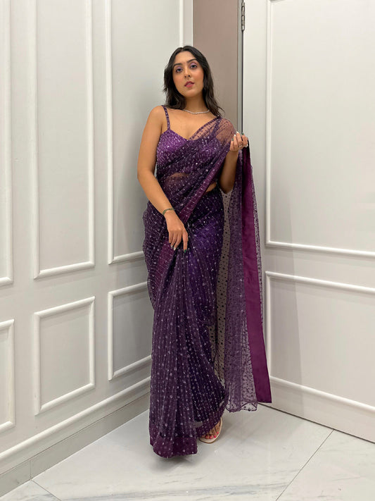 Purple Sequin Net Saree With Blouse | Net Glitter Saree | Saree For Women