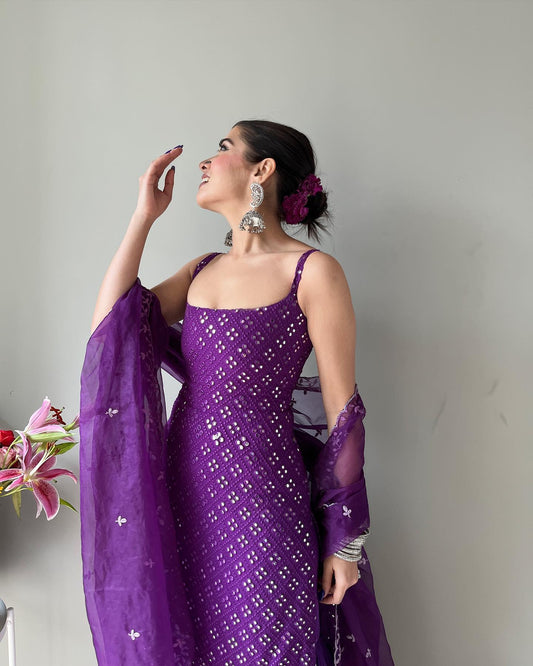 Party Wear Royal Purple Embroidered Georgette Kurti Sharara suit for wedding