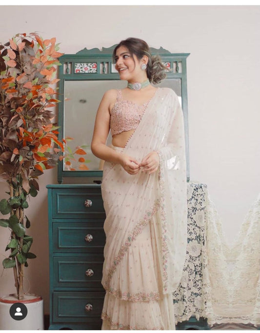Party Wear Real Mirror Work Ready To Wear Saree For Wedding