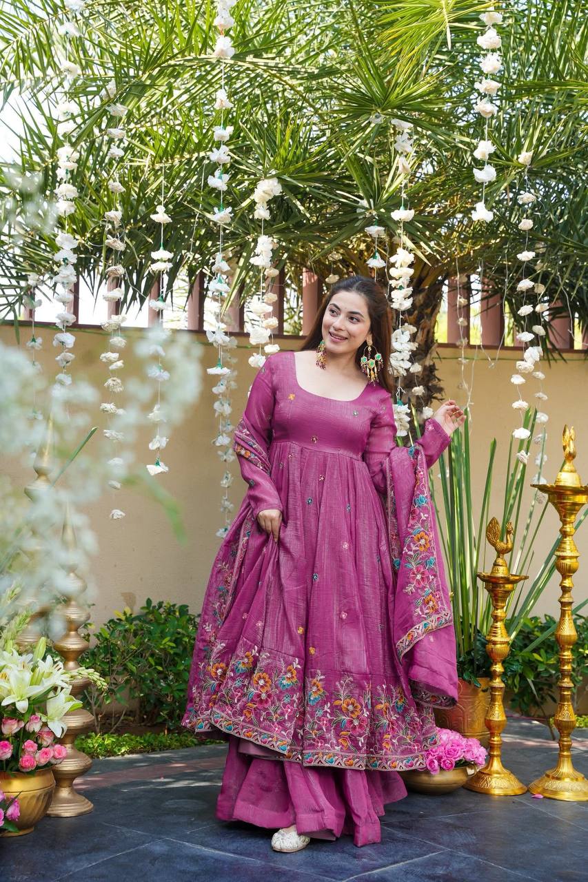 Festive Designer Wear Rose Pink Anarkali Sharara Set | Festive Wear for Women | Anarkali Suit For Women