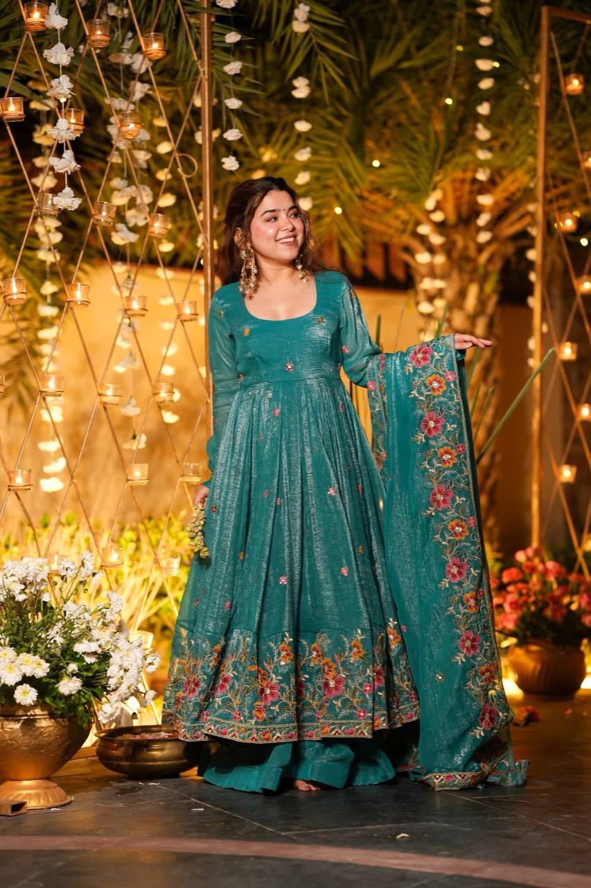 Festive Designer Wear Teal Green Anarkali Sharara Set | Festive & Mehendi Wear Dress | Sharara Set For Women