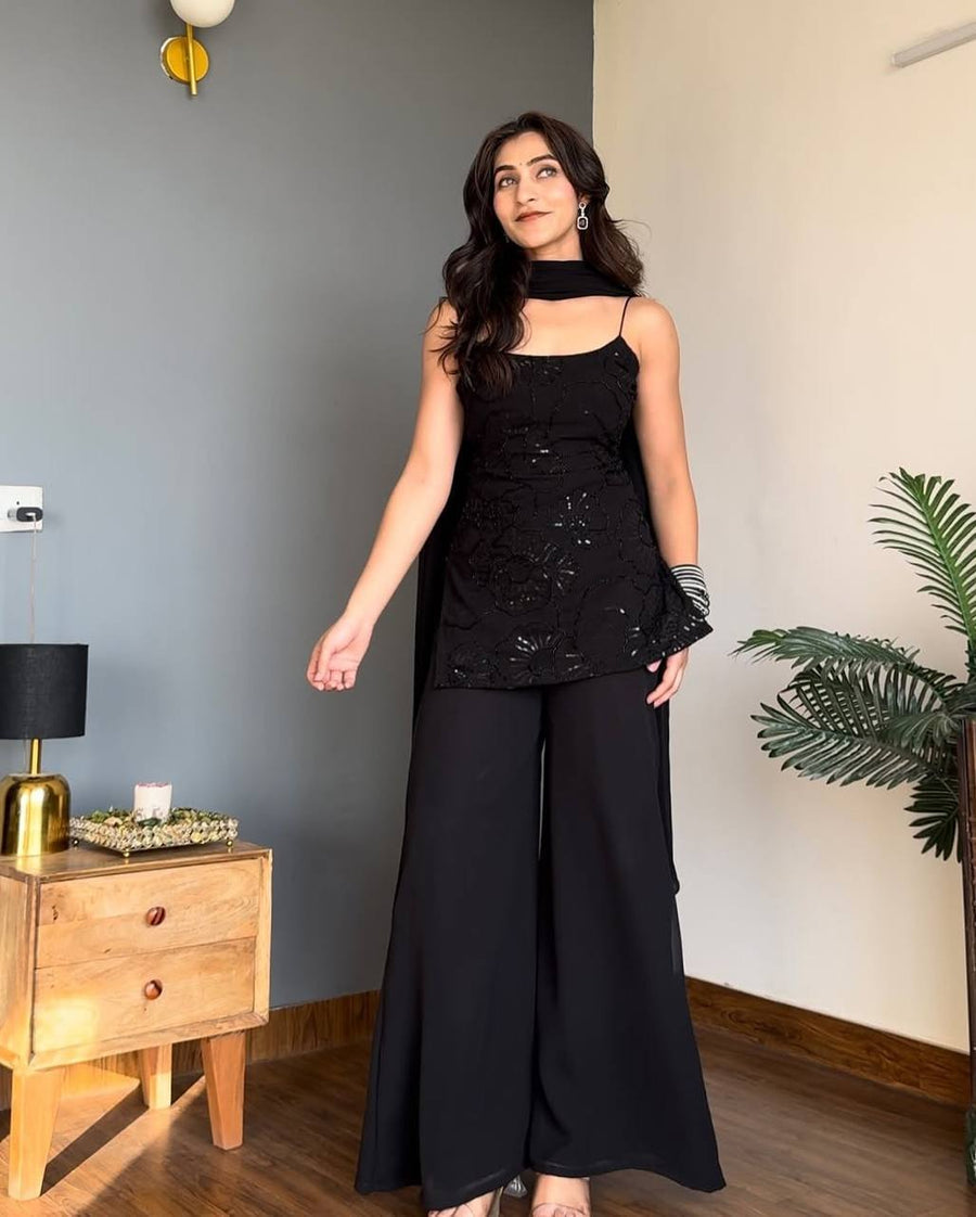 Classic 90's Inpired Black Cosmos Kurta Sharara Set For Women | Sharara Set For Women
