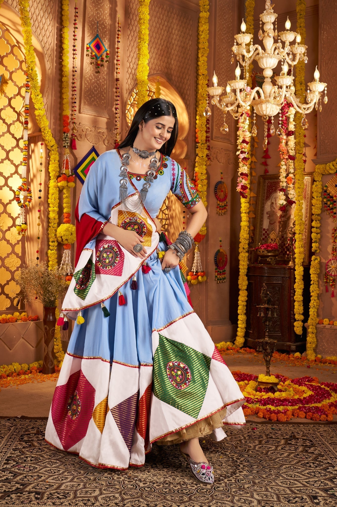 Light Blue Stunning Navratri Designer Viscose Cotton Lehenga Choli - ETHNICDEAL