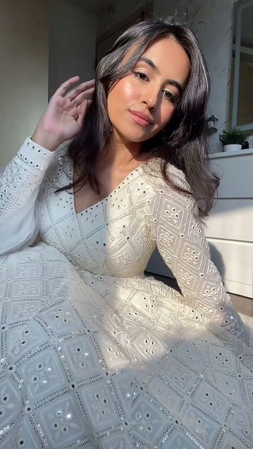 White Lucknowi Embroidered Georgette Anarkali Suit For Women | White Anarkali Suit For Women