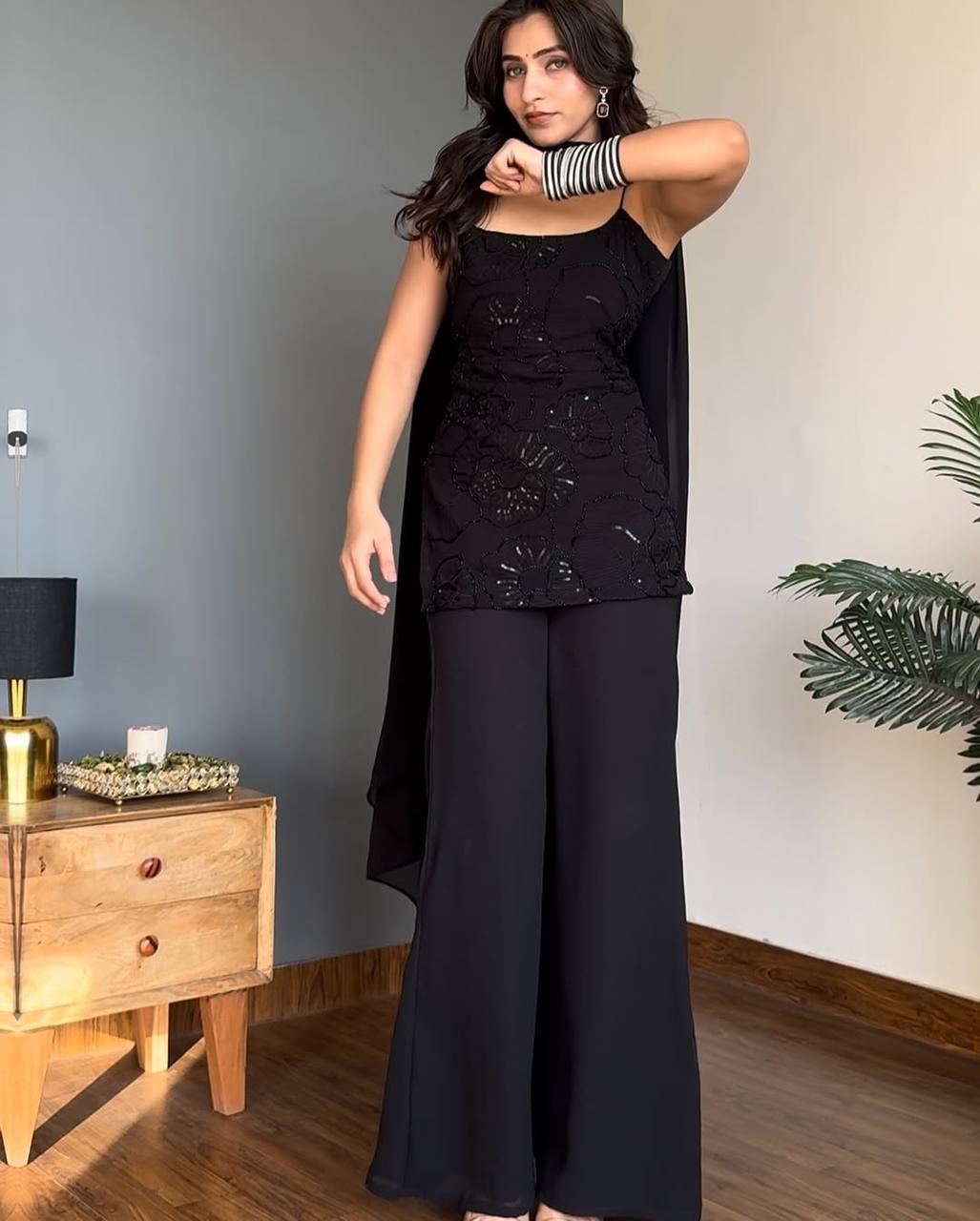Festive Wear 90’s Inspired Ethnic Black Kurti Palazzo Set with Dupatta | Sharara Set For Women