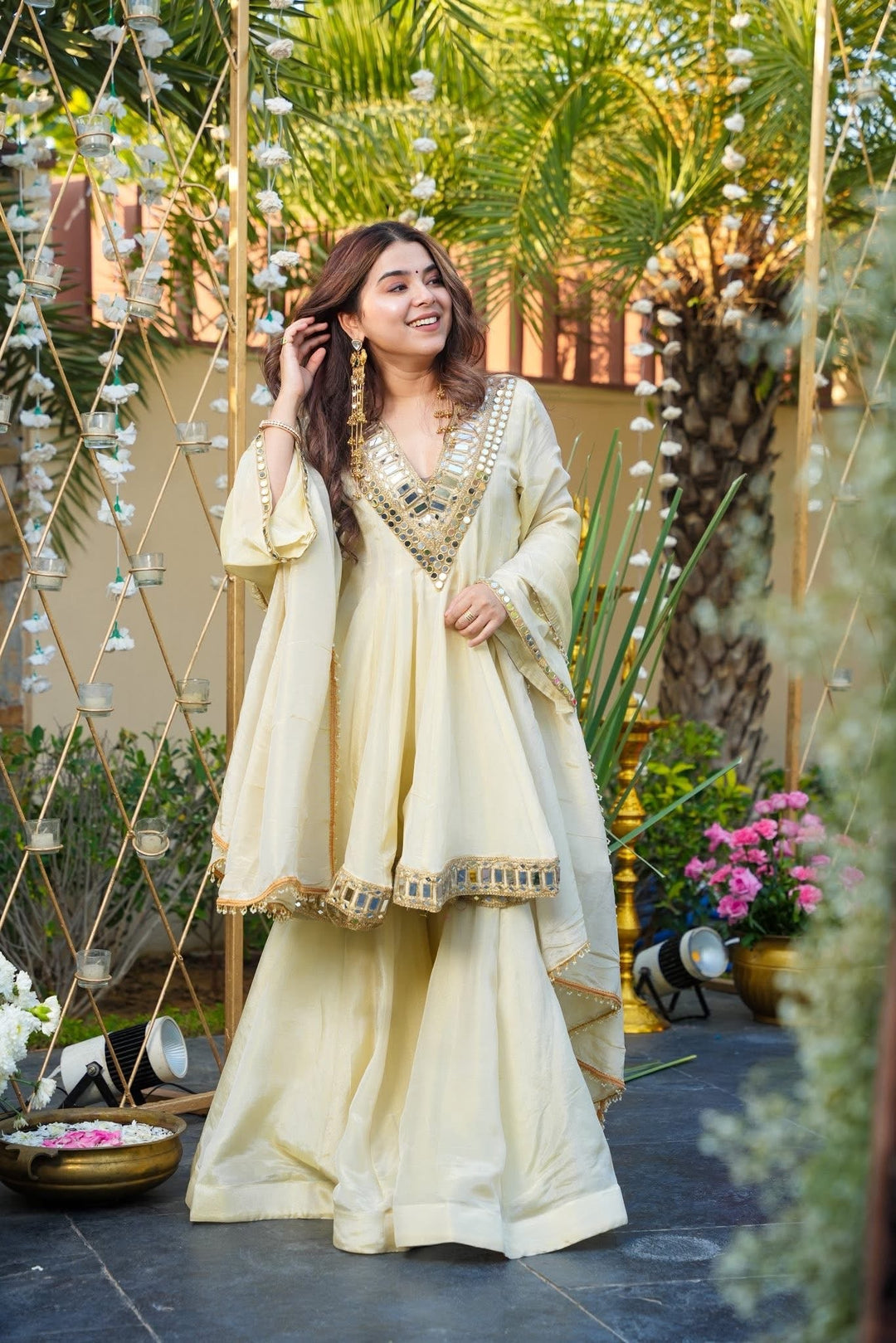 White Ivory Color Heavy Mirror Embellished Anarkali With Sharara & Dupatta | White Anarkali Suit For Women