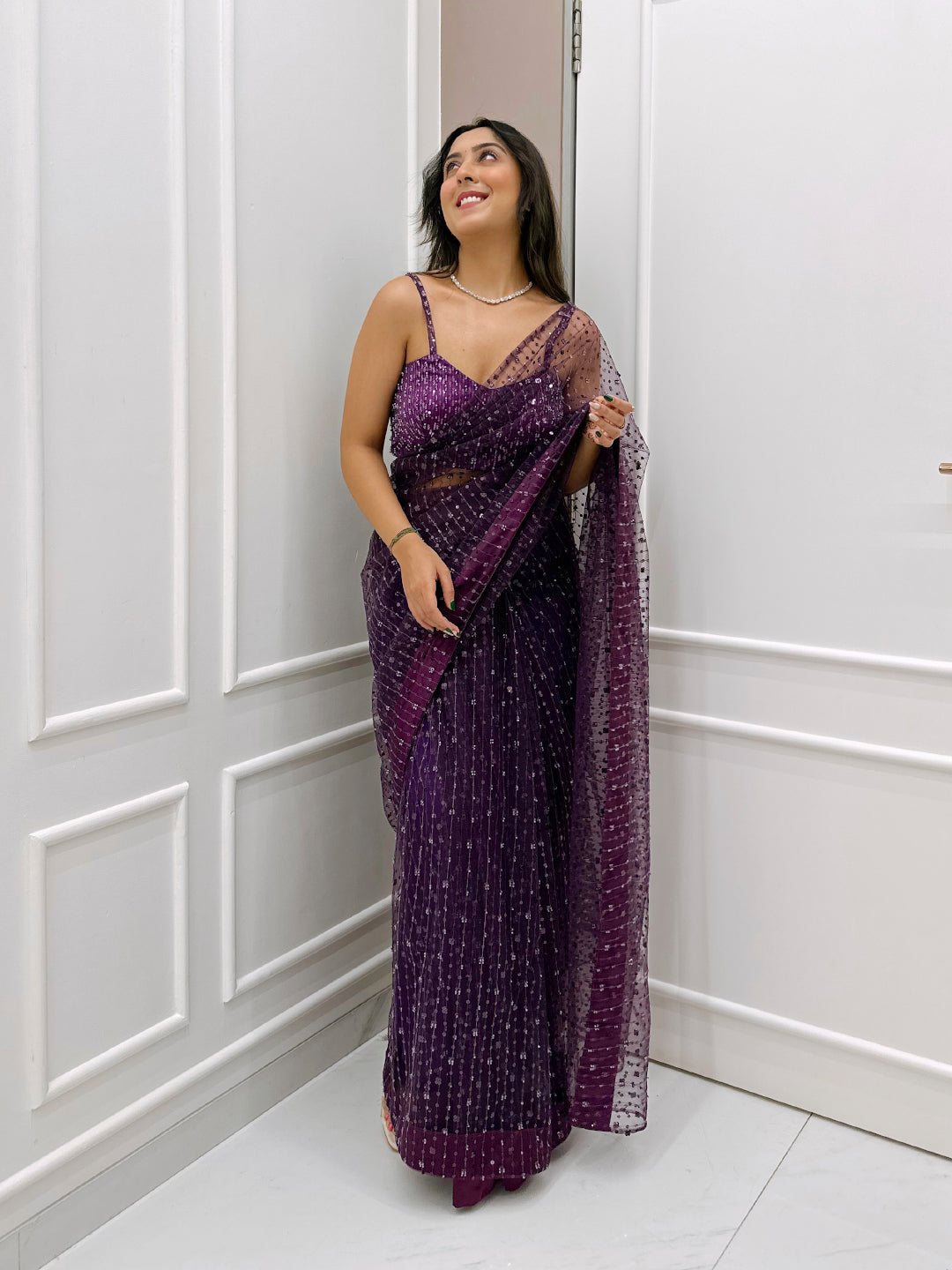 Purple Sequin Net Saree With Blouse | Net Glitter Saree | Saree For Women