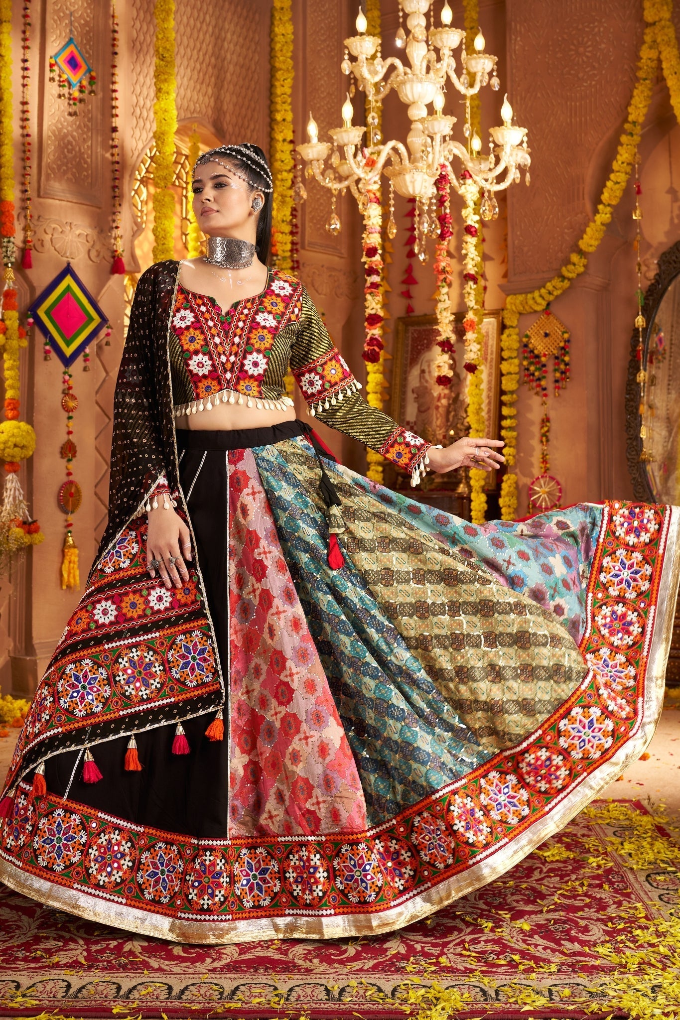 Navratri Designer Viscose Rayon Stylish Thread Embroidered With Mirror Work Festive Lehenga Choli - ETHNICDEAL