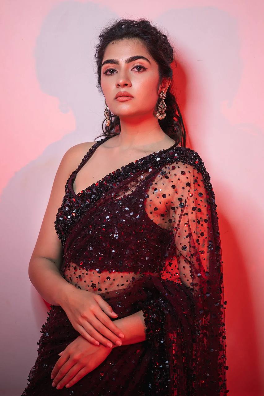 Dark Brown Glamorous Net Saree | Engagement & Party Wear