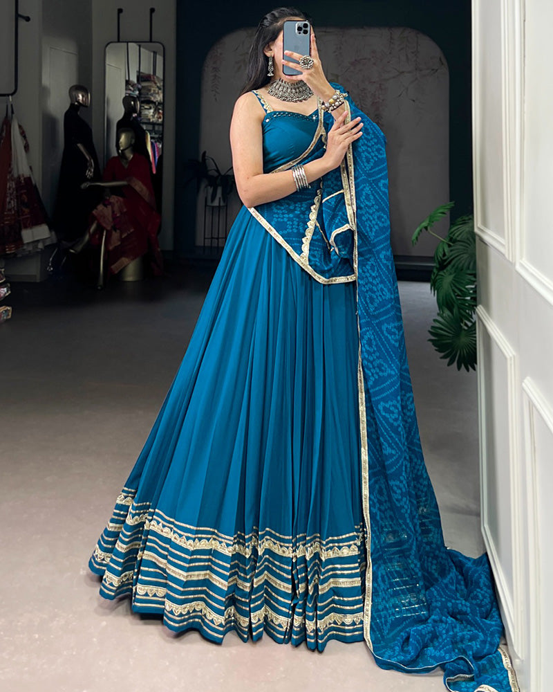 Classic Teal Blue Color Pure Rayon Navratri Lehenga Choli - ETHNICDEAL