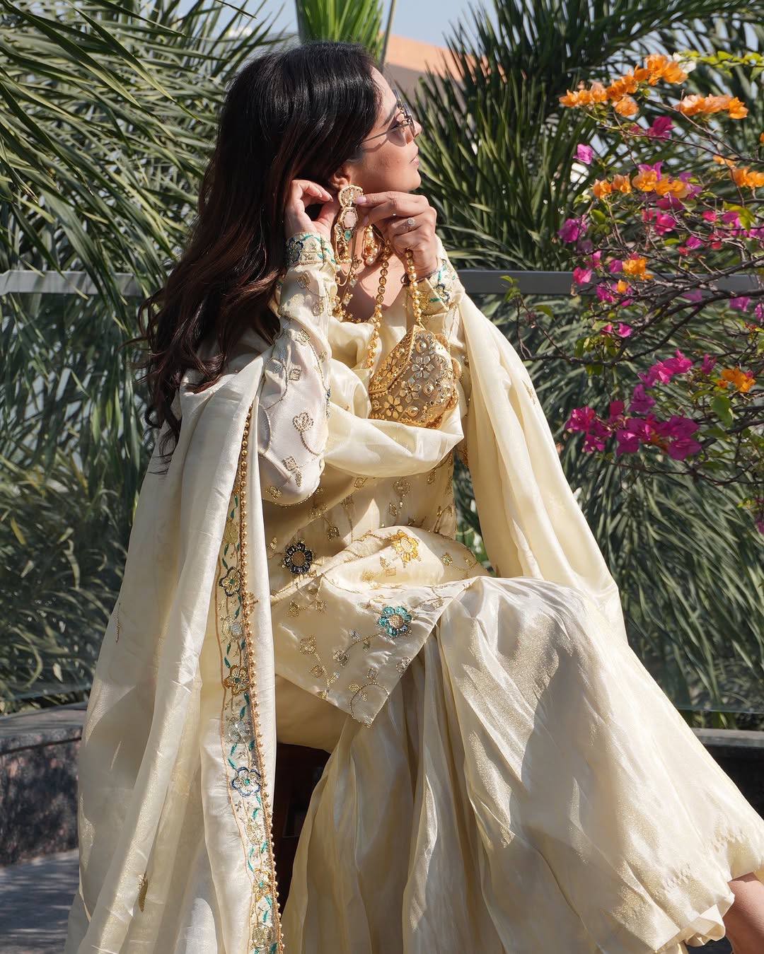 Ivory Chinnon Silk Embroidered Sharara Set For Women