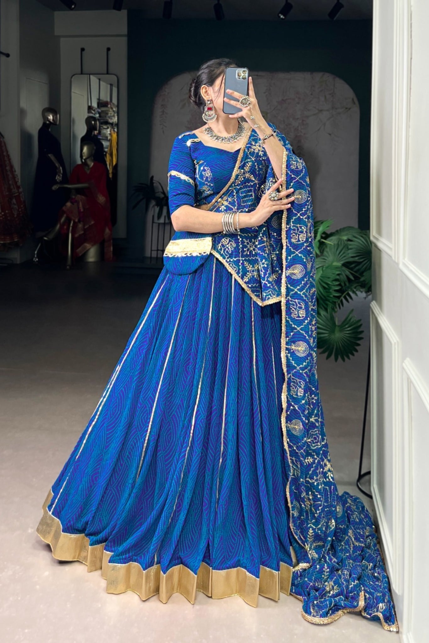 Vibrant Bandhej Print Designer Georgette With Mirror Work Lehenga Choli Set For Wedding And Navratri - ETHNICDEAL