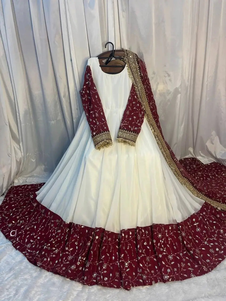 White & Maroon Embroidered Faux Georgette Maxi Anarkali Suit For Women | White Anarkali Suit For Women