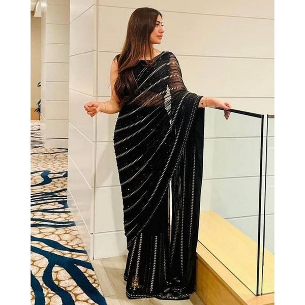 Cocktail Black Premium Georgette Party Wear Saree with Sequin Embroidery Work