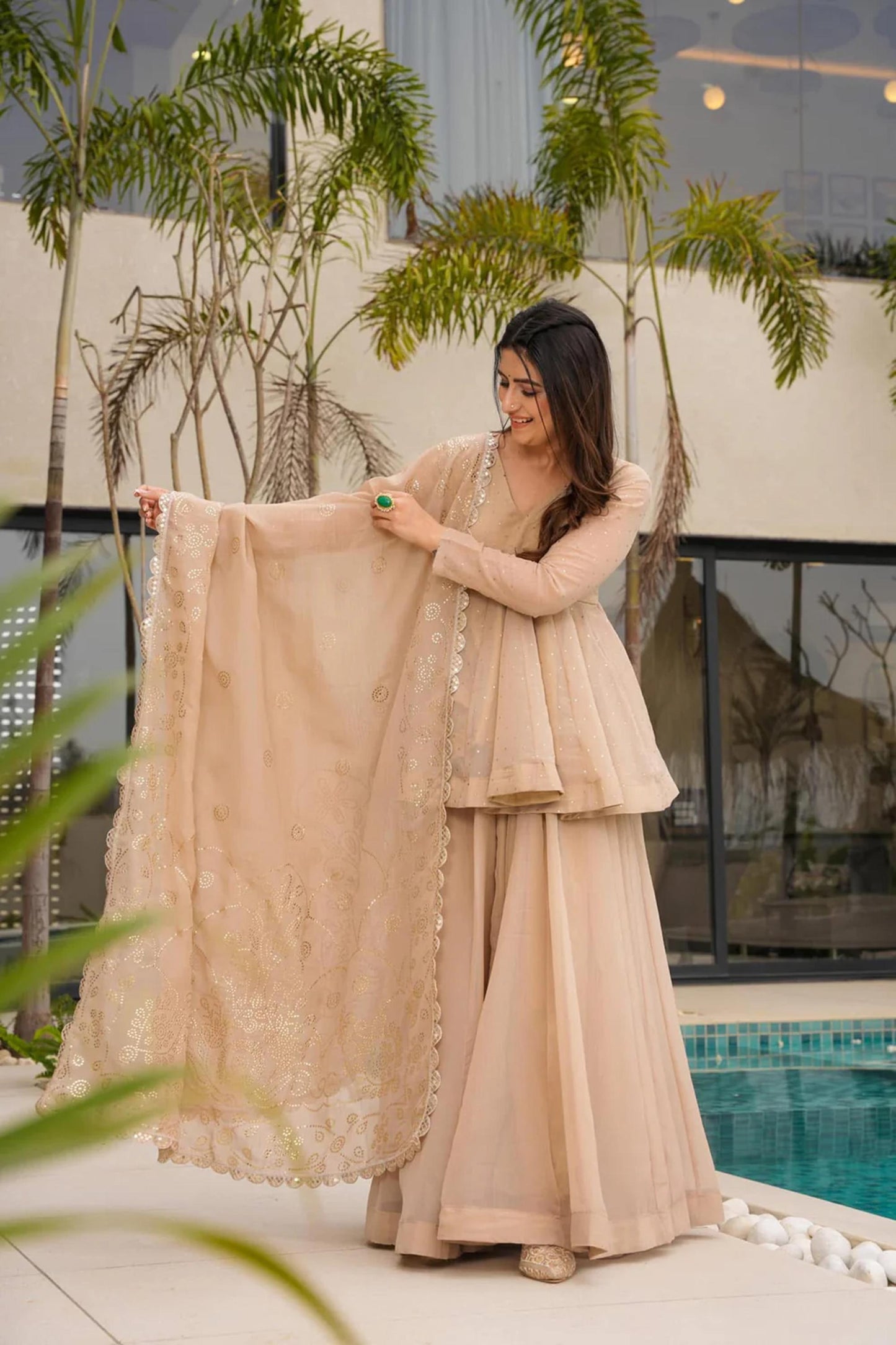 Wedding Wear Beige Tabby Organza Sharara Set For Women | Sangeet & Engagement Wear