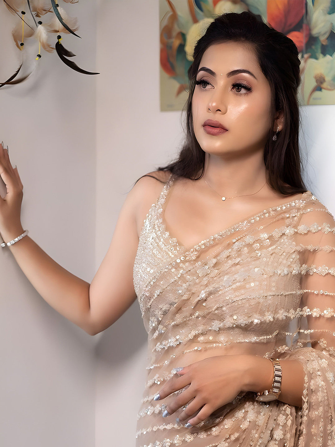 Nude Silver Sequin Embellished Net Saree | Net Glitter Saree For Women